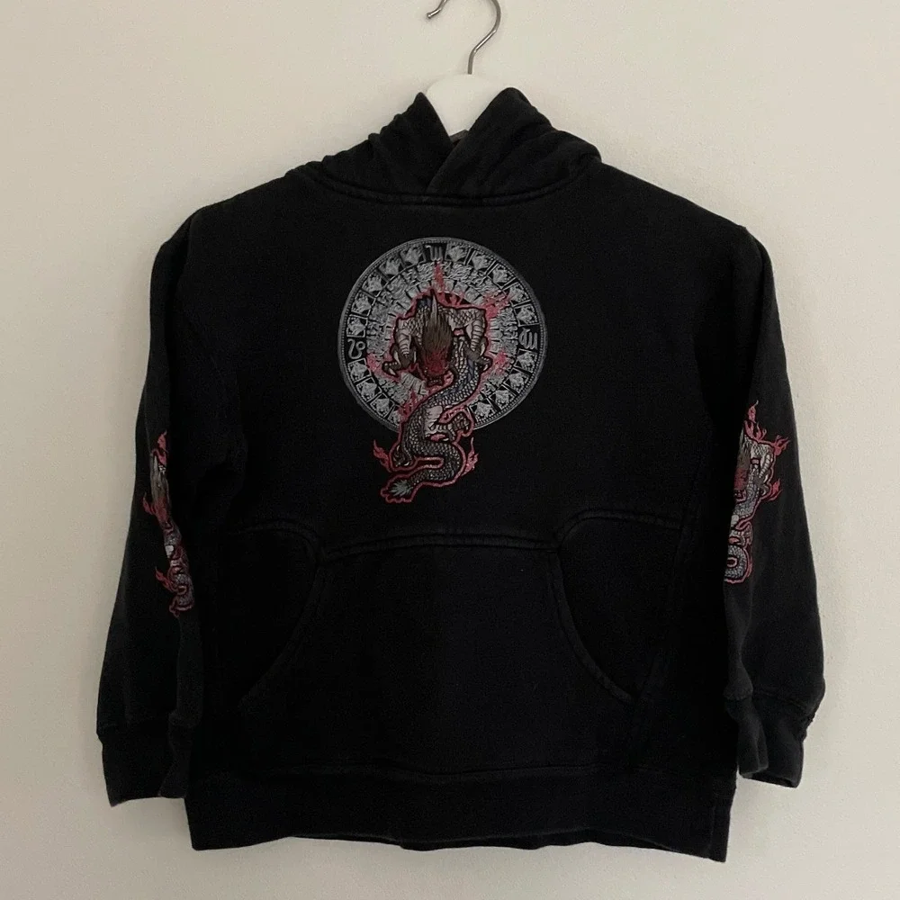 Vintage Y2K Kids Black Dragon Zodiac Graphic Hoodie Sweatshirt Size Medium M